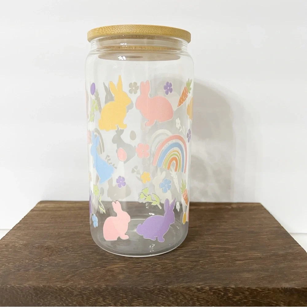 Bunny and Rainbow Print Libbey Glass Can with Bamboo Lid and Straw